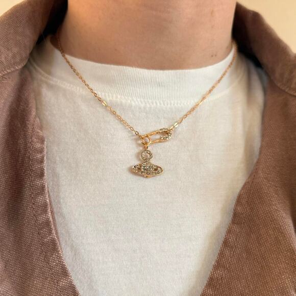 Y2K 2000s Rose Gold Iced Out Planet Necklace Unisex Vintage Chain New - Picture 6 of 10